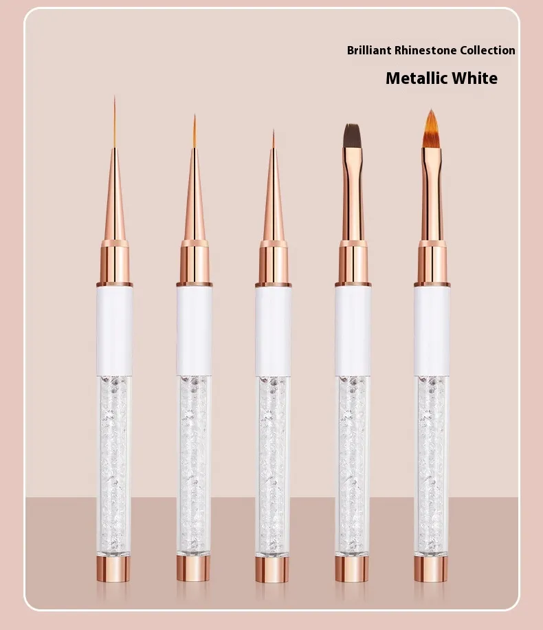 5-piece Double-headed Nail Brush Cable With Lid - White Nail Art Pen Set