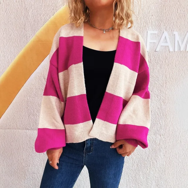 European And American Style Contrast Color Striped Cardigan Women's Loose Long Sleeve Sweater Coat Rose Red2 - Shop at LoveMi