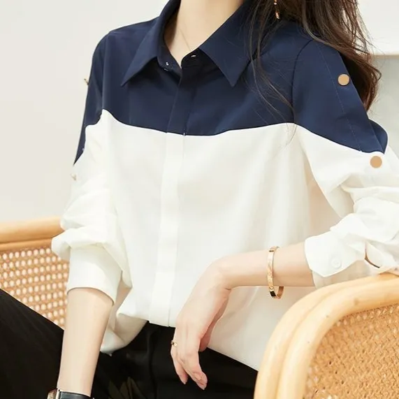 Long Sleeve Chiffon Shirt Loose Polo Collar Top For Women Blue And White - Shop at LoveMi