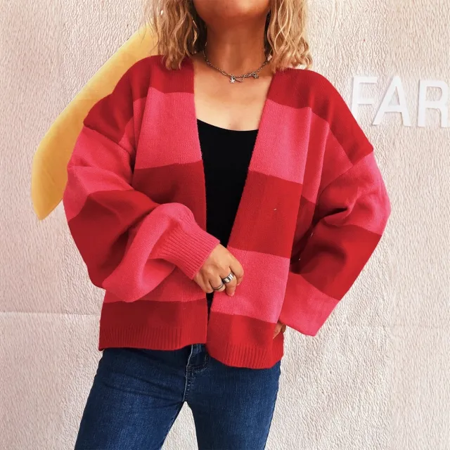European And American Style Contrast Color Striped Cardigan Women's Loose Long Sleeve Sweater Coat Red - Shop at LoveMi