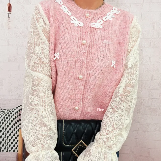 Commuter Lace Sleeves Stitching Bow Knitted Button Sweater Cardigan Pink - Shop at LoveMi