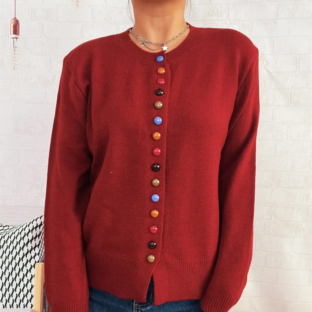 Simple Commute Color Button Single-breasted Knitted Cardigan Sweater Coat - Wine Red
