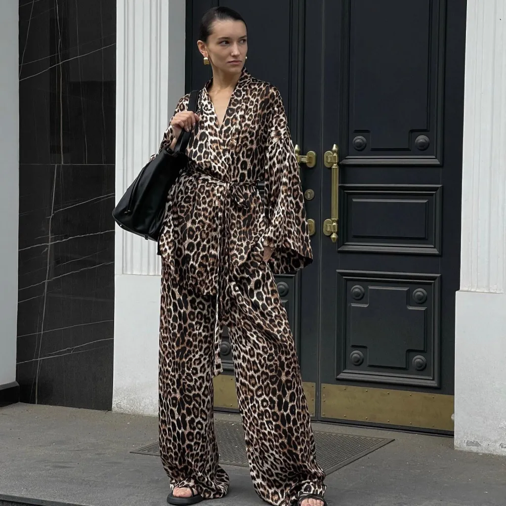 Long Sleeve V-neck Top Wide Leg Pants Suit Loose - Brown