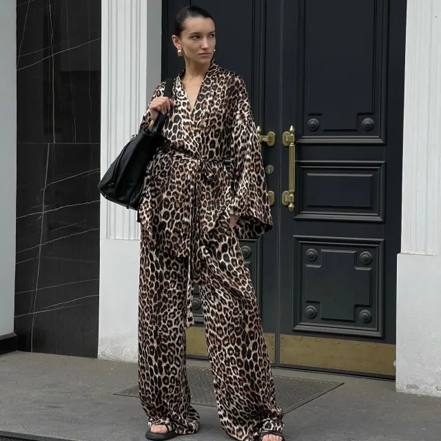 Long Sleeve V neck Top Wide Leg Pants Suit Loose Brown - Shop at LoveMi