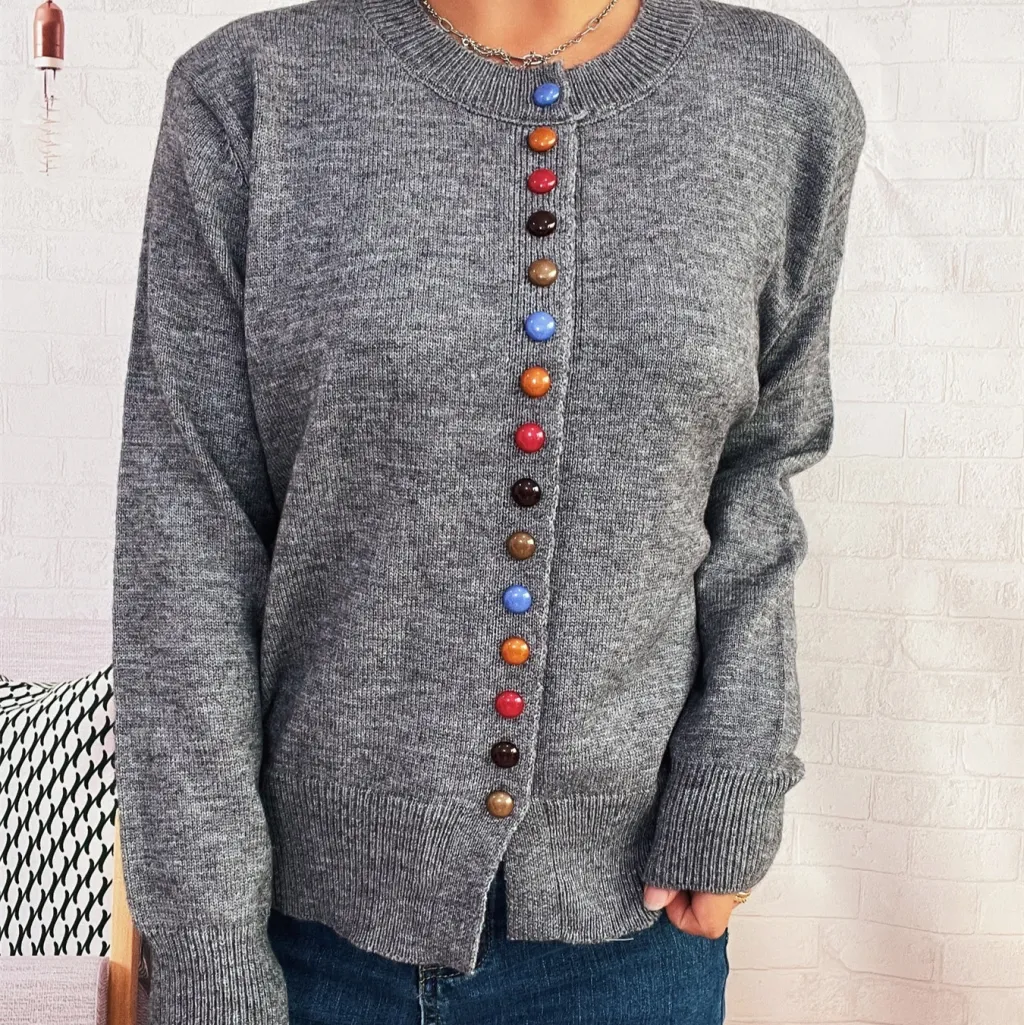 Simple Commute Color Button Single-breasted Knitted Cardigan Sweater Coat - Gray