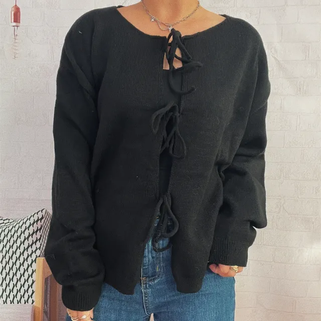 Casual Bow Tie Knitted Cardigan Commuter Solid Color Sweater Coat Black - Shop at LoveMi