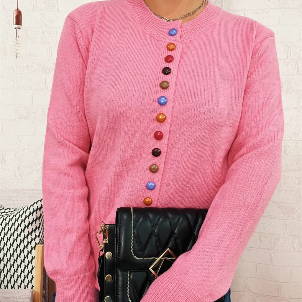 Simple Commute Color Button Single-breasted Knitted Cardigan Sweater Coat - Pink