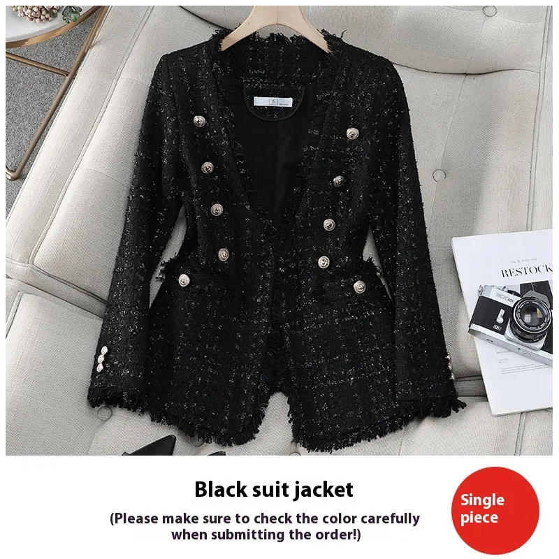 French Socialite Elegant V-neck Double-breasted Tweed Top - Black