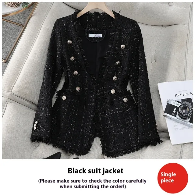 French Socialite Elegant V neck Double breasted Tweed Top Black - Shop at LoveMi