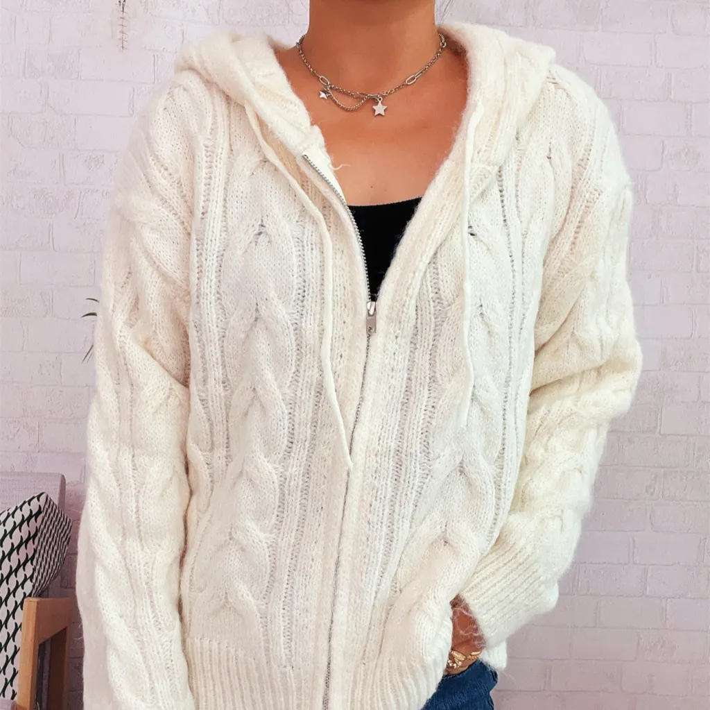 Retro Twist Hooded Lace-up Knitted Coat Casual Zipper - White