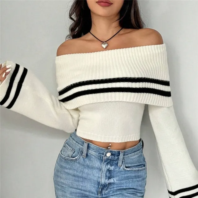 Women's Off shoulder Midriff baring Sweater Knitted Bell Sleeve Top White - Shop at LoveMi
