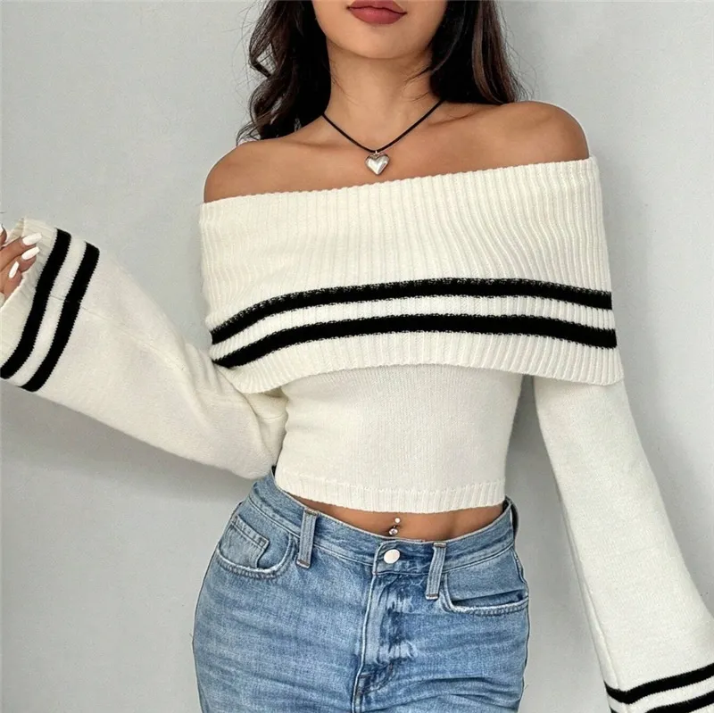 Women's Off-shoulder Midriff-baring Sweater Knitted Bell Sleeve Top - White