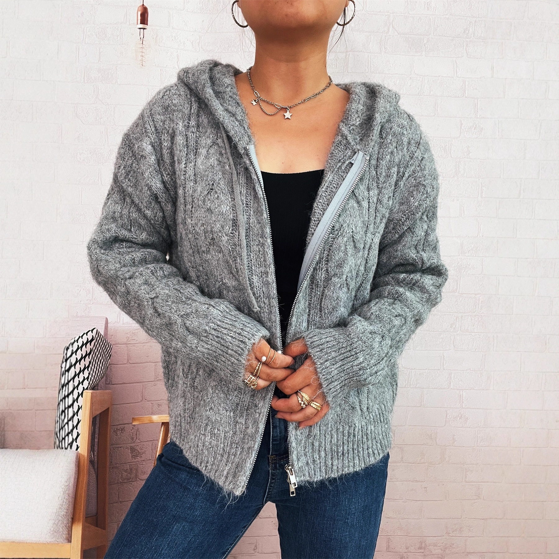 Retro Twist Hooded Lace-up Knitted Coat Casual Zipper