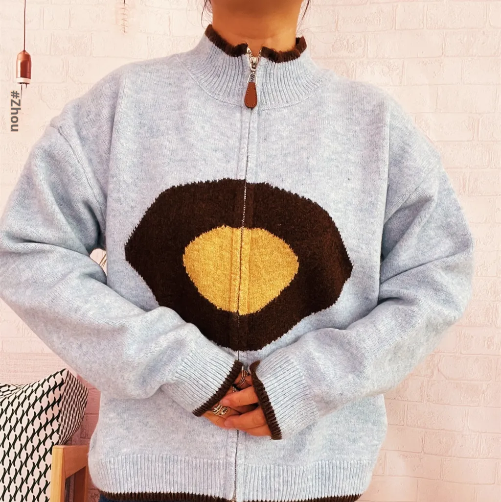 Casual Ring Jacquard Knitted Coat Round Neck Long Sleeve Zipper - Blue
