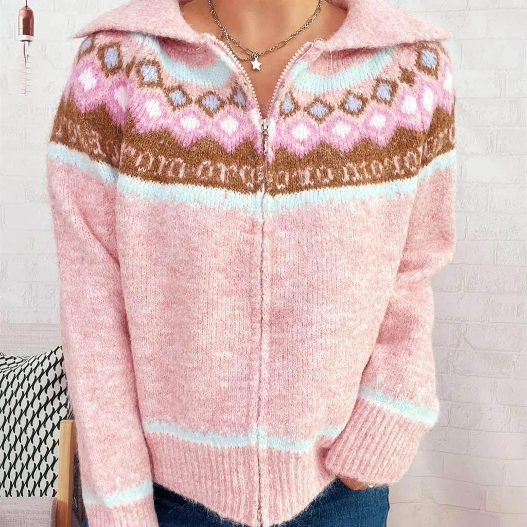 Retro Pattern Contrast Color Jacquard Lapel Zipper Sweater Coat For Women - Pink