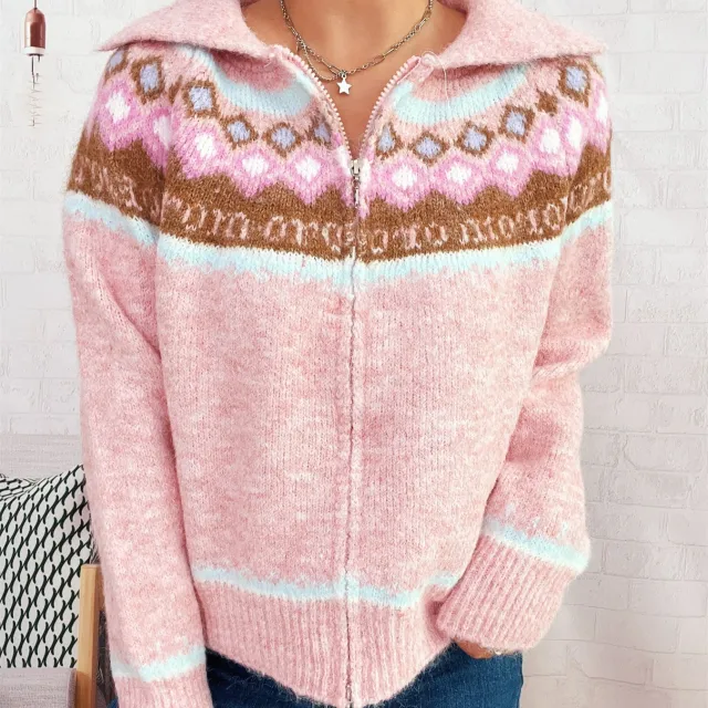 Retro Pattern Contrast Color Jacquard Lapel Zipper Sweater Coat For Women Pink - Shop at LoveMi