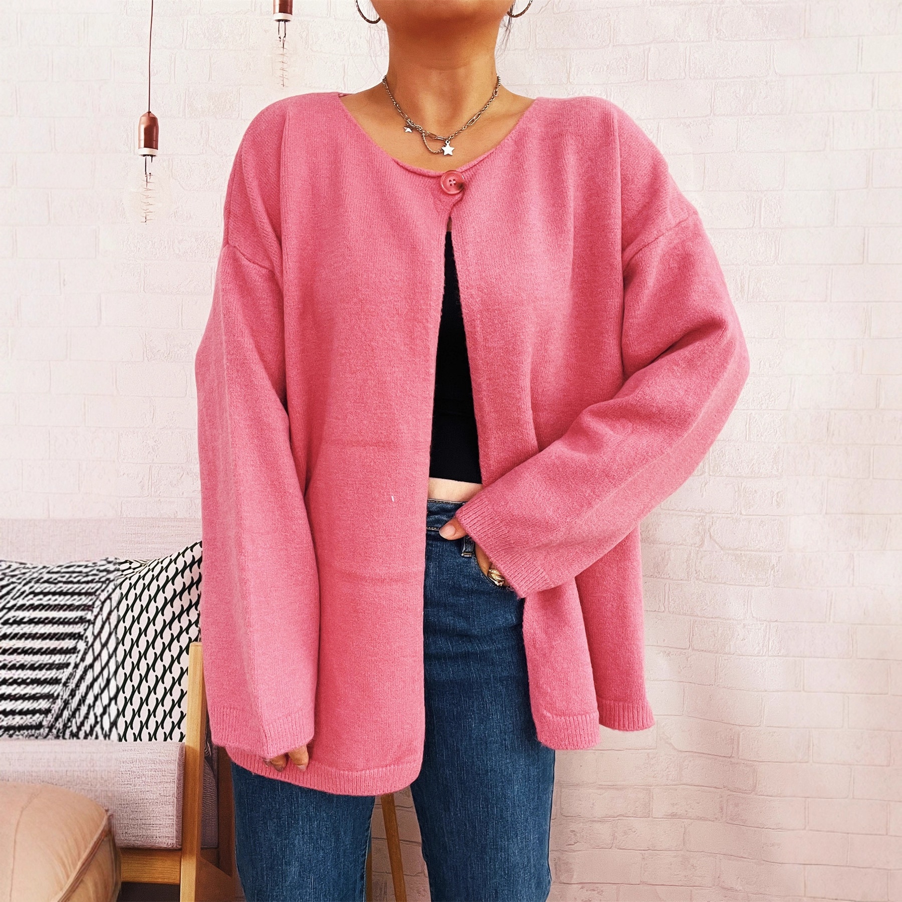 Simple Commute Solid Color One Button Knitted Jacket Casual Loose