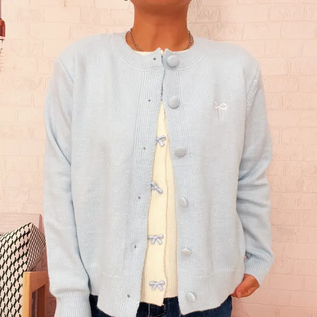 Two piece Bow Embroidered Button Knitted Sweater Cardigan For Women Blue - Shop at LoveMi