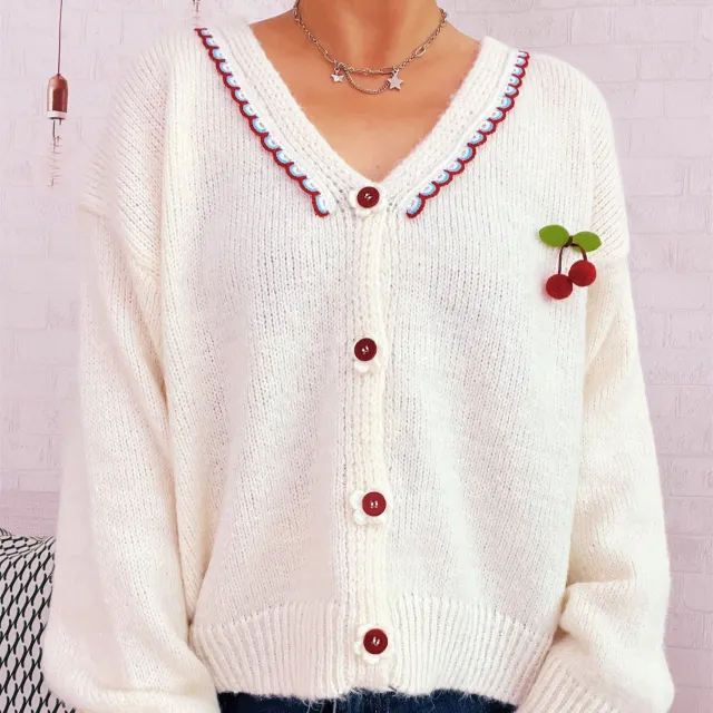 Cute Wave V neck Cherry Decorative Knitwear Flower Button Sweater Cardigan White - Shop at LoveMi