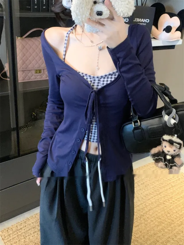 Women's Halter Spaghetti Straps Short Cardigan Top Dark Blue Jacket - Shop at LoveMi