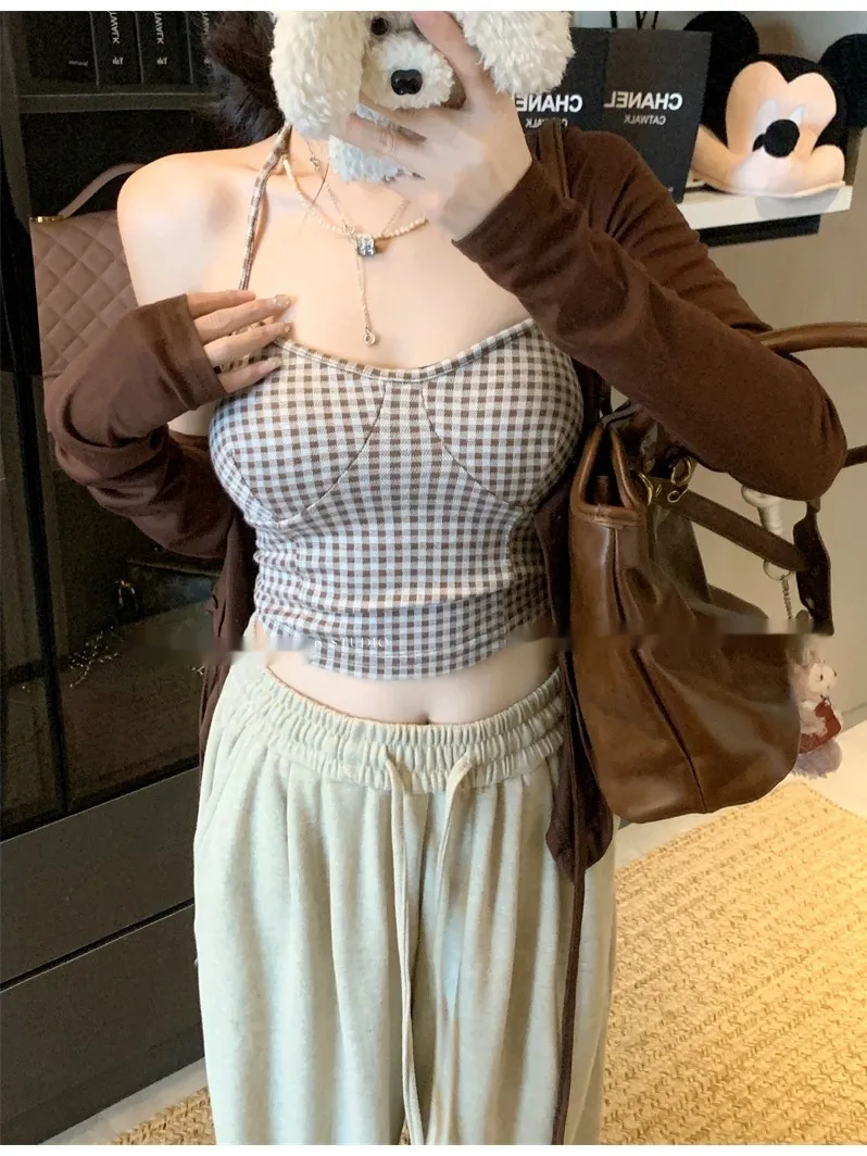 Women's Halter Spaghetti Straps Short Cardigan Top - Coffee