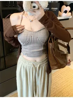 Women's Halter Spaghetti Straps Short Cardigan Top - Coffee - View 1