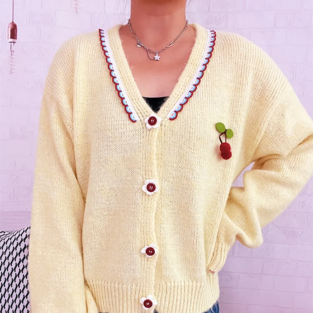 Cute Wave V-neck Cherry Decorative Knitwear Flower Button Sweater Cardigan - Yellow
