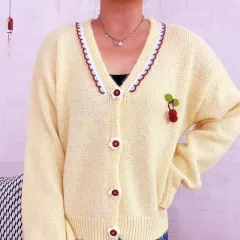 Cute Wave V-neck Cherry Decorative Knitwear Flower Button Sweater Cardigan - Yellow - View 1