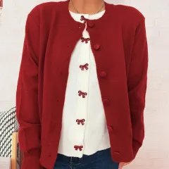 Two-piece Bow Embroidered Button Knitted Sweater Cardigan For Women - Red - View 1