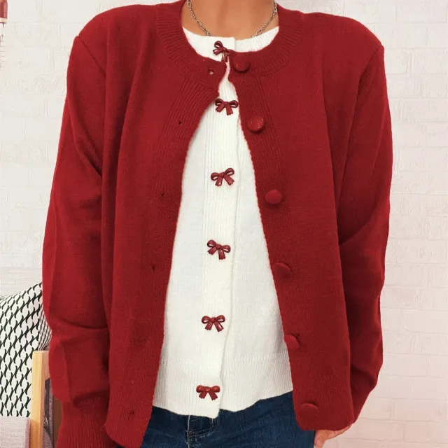 Two piece Bow Embroidered Button Knitted Sweater Cardigan For Women Red - Shop at LoveMi