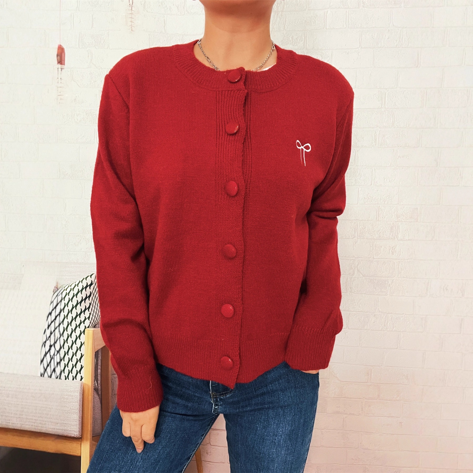 Two-piece Bow Embroidered Button Knitted Sweater Cardigan For Women