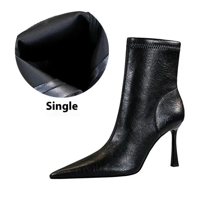 Ultra High Heel Stiletto Pointed Winter Side Zipper Short Boots Black - Shop at LoveMi