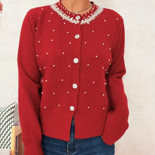 Vintage Pearl Collar Button Elegant Knitted Cardigan Single breasted Sweater Women Red - Shop at LoveMi