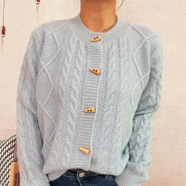 Retro Twist Single breasted Knitted Cardigan Round Neck Long Sleeve Sweater Coat Blue - Shop at LoveMi