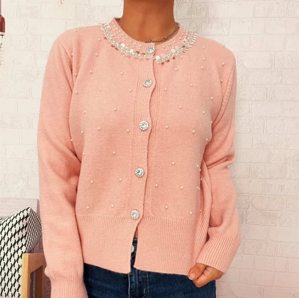 Vintage Pearl Collar Button Elegant Knitted Cardigan Single-breasted Sweater Women - Pink