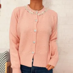 Vintage Pearl Collar Button Elegant Knitted Cardigan Single-breasted Sweater Women - Pink - View 1