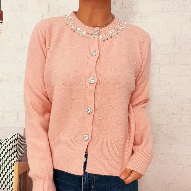 Vintage Pearl Collar Button Elegant Knitted Cardigan Single breasted Sweater Women Pink - Shop at LoveMi