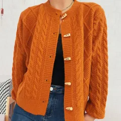 Retro Twist Single-breasted Knitted Cardigan Round Neck Long Sleeve Sweater Coat - Orange - View 1