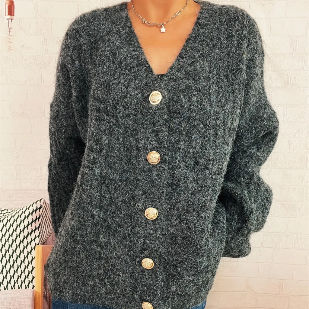 Vintage Gold Button Knitted Cardigan V-neck Single Breasted Sweater Coat - Gold