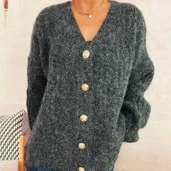 Vintage Gold Button Knitted Cardigan V-neck Single Breasted Sweater Coat - Gold - View 1