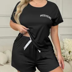 Women's Plus Size Sleeves Shorts Daily Wear Pajamas Suit - Black - View 1