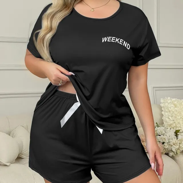Women's Plus Size Sleeves Shorts Daily Wear Pajamas Suit Black - Shop at LoveMi