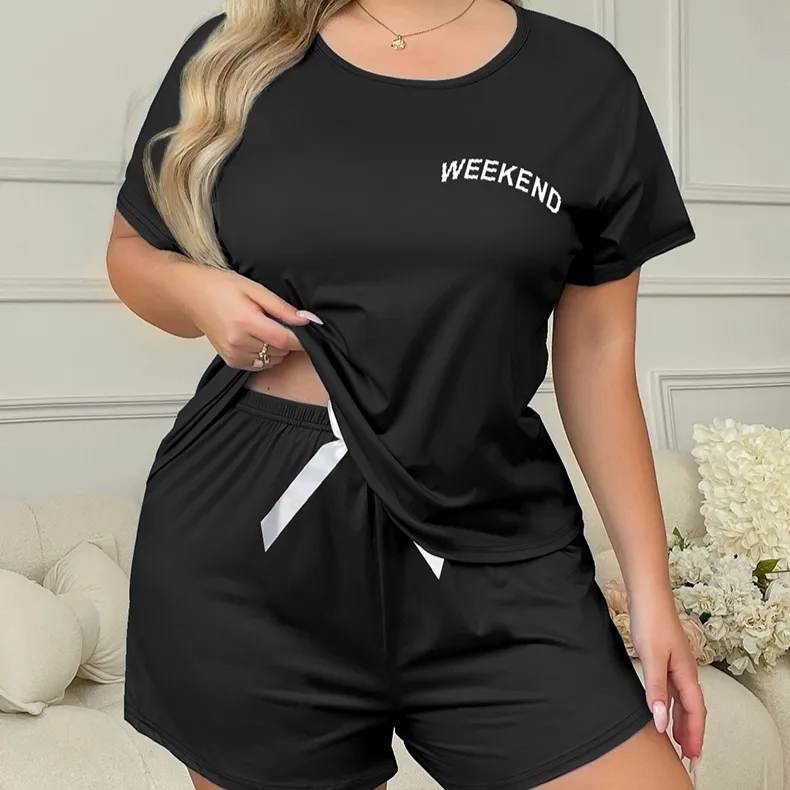 Women's Plus Size Sleeves Shorts Daily Wear Pyjamas Suit - Black