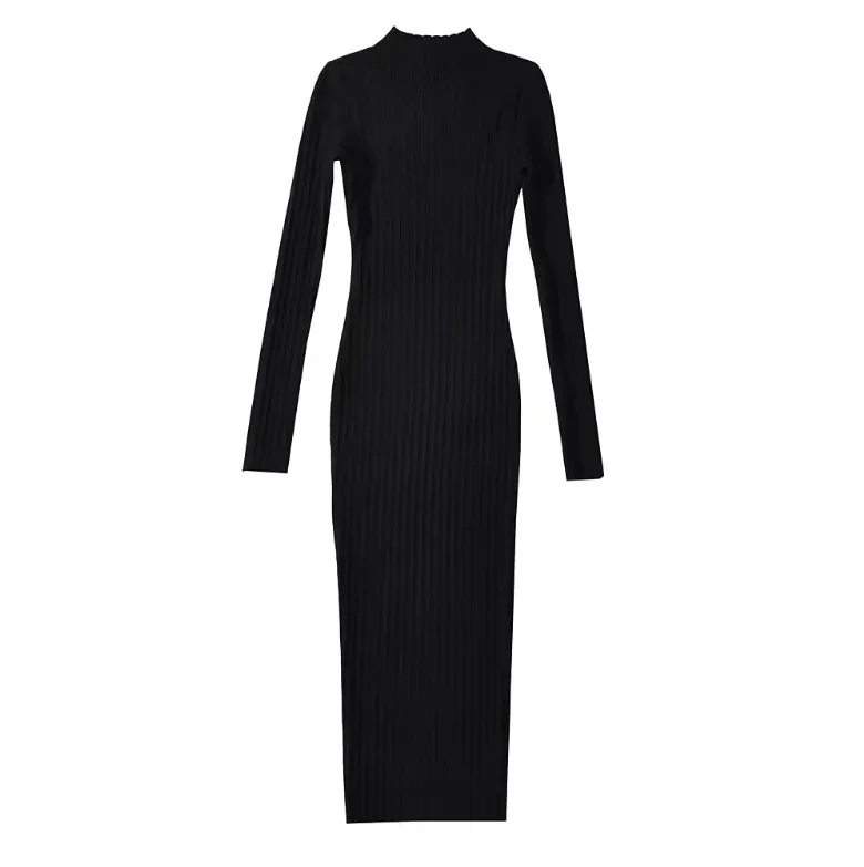 Round Neck Knitted Dress Stretch Slim - Black