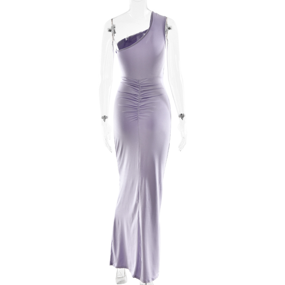 Sexy Bright Silk One-shoulder Pleated Slim Dress