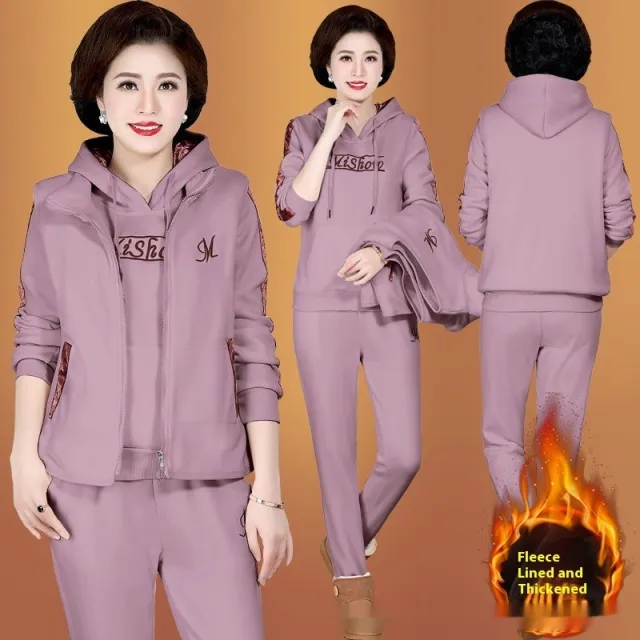 Middle aged Mom Fleece lined Thickened Sportswear Suit For Women Taro Color Xl - Shop at LoveMi