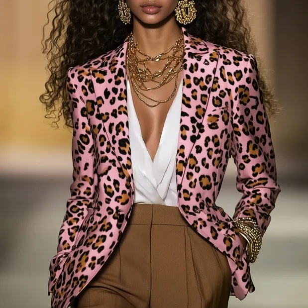 Women's Leopard Suit Jacket Long Sleeve Pink - Shop at LoveMi