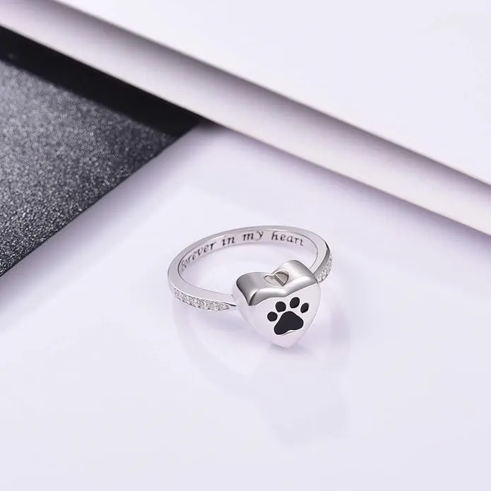 Love Heart Paw Print Urn Ring Pet Memorial Cremation Jewelry - Black