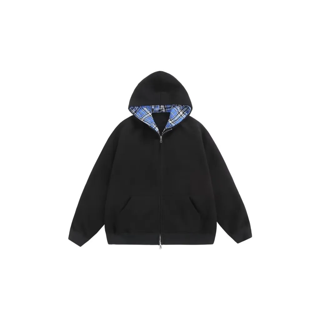 Artistic Hooded Sweater Plaid Stitching Coat Trend - Black