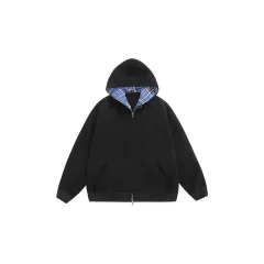 Artistic Hooded Sweater Plaid Stitching Coat Trend - Black - View 1